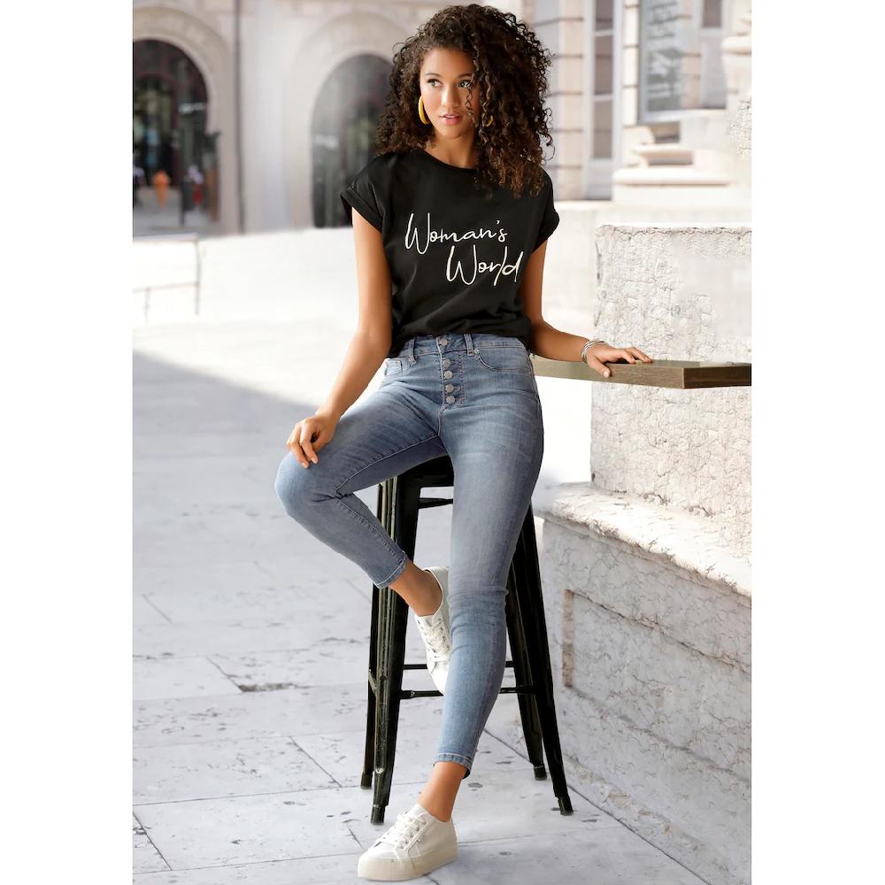 LASCANA T-Shirt Mit Frontprint Kurzarmshirt Aus Baumwolle Basic