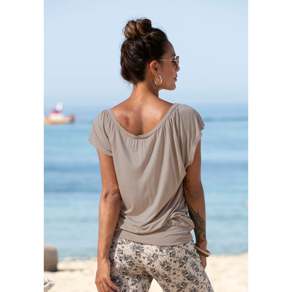 LASCANA V-Shirt Mit Breitem Gummizugbund T-Shirt Mit V-Ausschnitt Basic