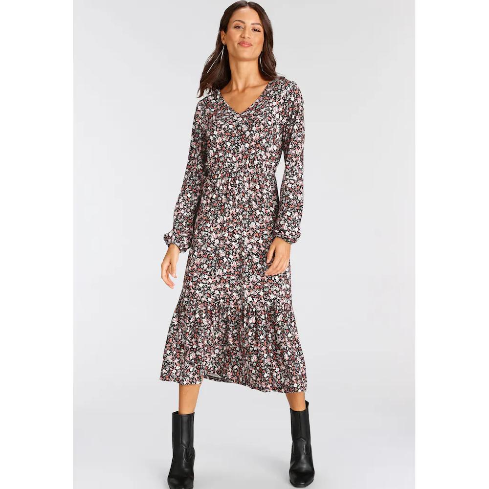 Laura Scott Midikleid Wadenlang Geblümte Optik Aus Viskosemischung Langarm