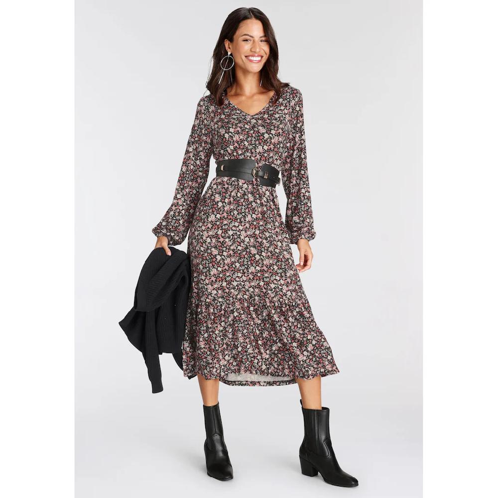 Laura Scott Midikleid wadenlang geblümte Optik aus Viskosemischung Langarm