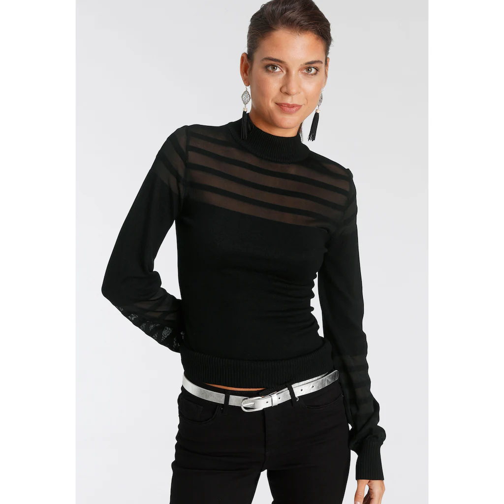 Melrose Stehkragenpullover Mit Transparenten Streifen Und Ballonärmeln