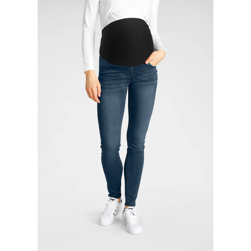 Neun Monate Umstandsjeans »Stretch-Jeans für Schwangerschaft und Stillzeit« hohe Leibhöhe ohne Gürtelschlaufen Used-Waschung