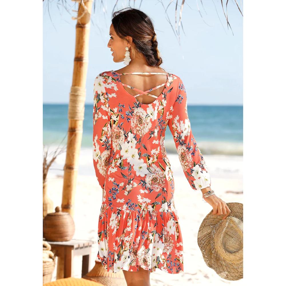 S.Oliver Jerseykleid Mit Blumenprint Und Volantrock 3/4-Ärmel Sommerkleid Strandkleid