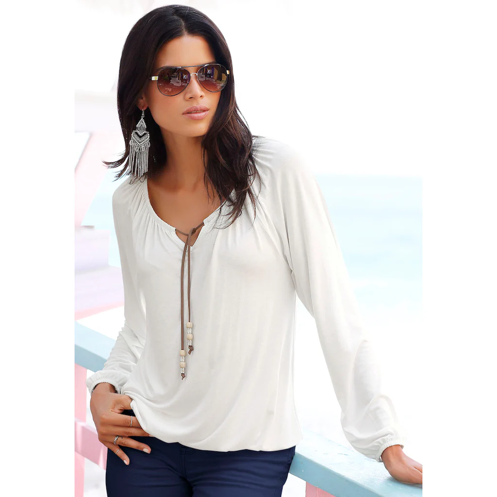 s.Oliver Strandshirt mit Bindeband am Ausschnitt lockere Passform Boho-Style