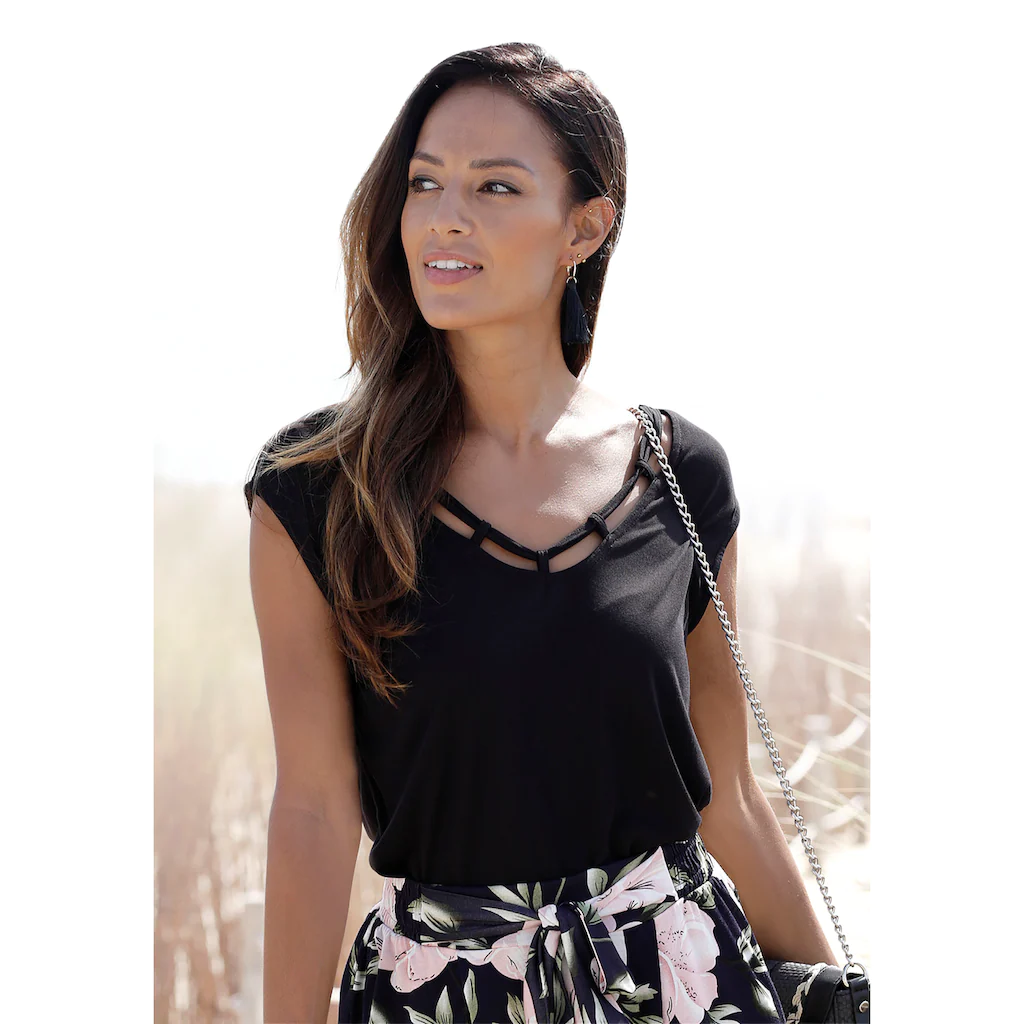 s.Oliver T-Shirt mit Zierbändern am Ausschnitt Kurzarmshirt sommerlich