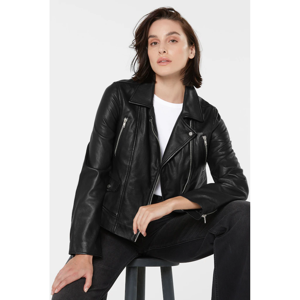 SENSES.THE LABEL Lederjacke ohne Kapuze mit Zipper am Ärmelende
