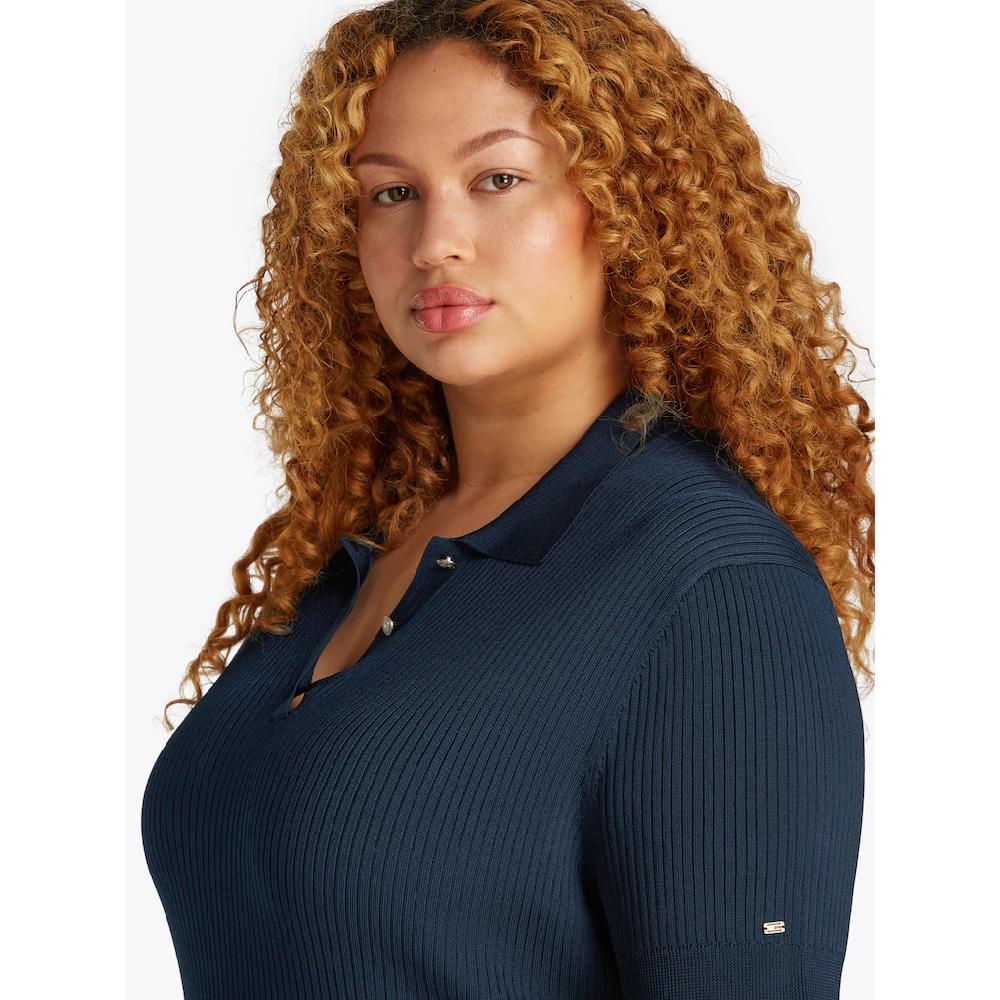 Tommy Hilfiger Curve Strickkleid »CRV RIB BTN F&F POLO SWT DRESS« In Großen Größen Polokragen Logostickerei