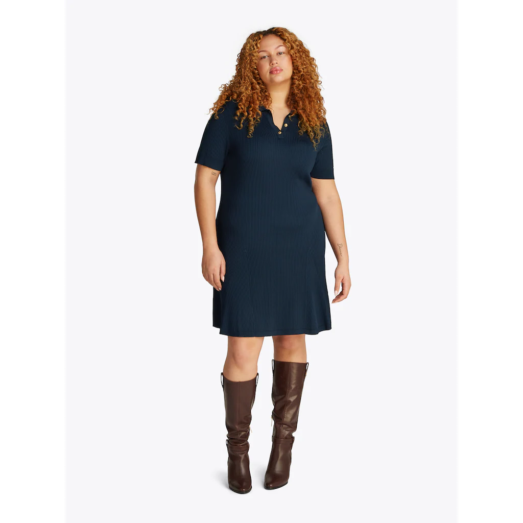 Tommy Hilfiger Curve Strickkleid »CRV RIB BTN F&F POLO SWT DRESS« In Großen Größen Polokragen Logostickerei