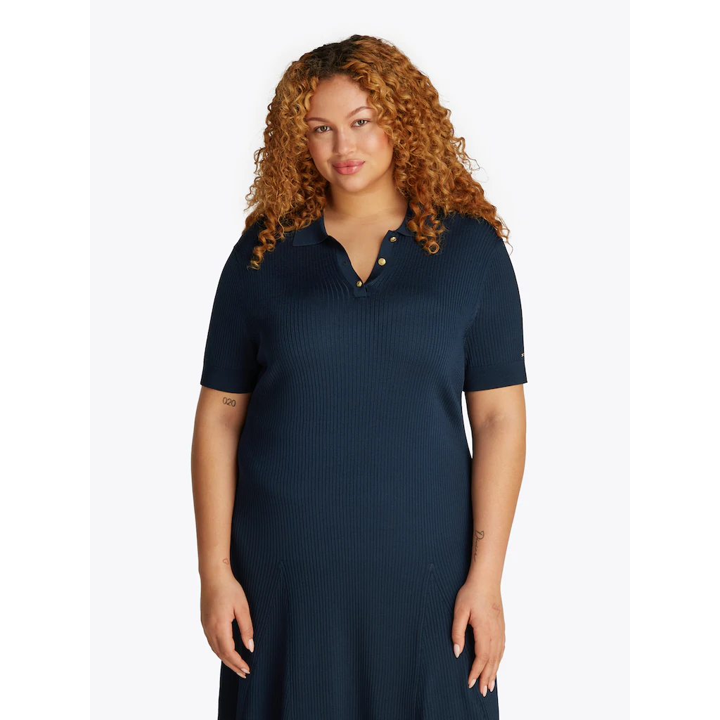 Tommy Hilfiger Curve Strickkleid »CRV RIB BTN F&F POLO SWT DRESS« in Großen Größen Polokragen Logostickerei