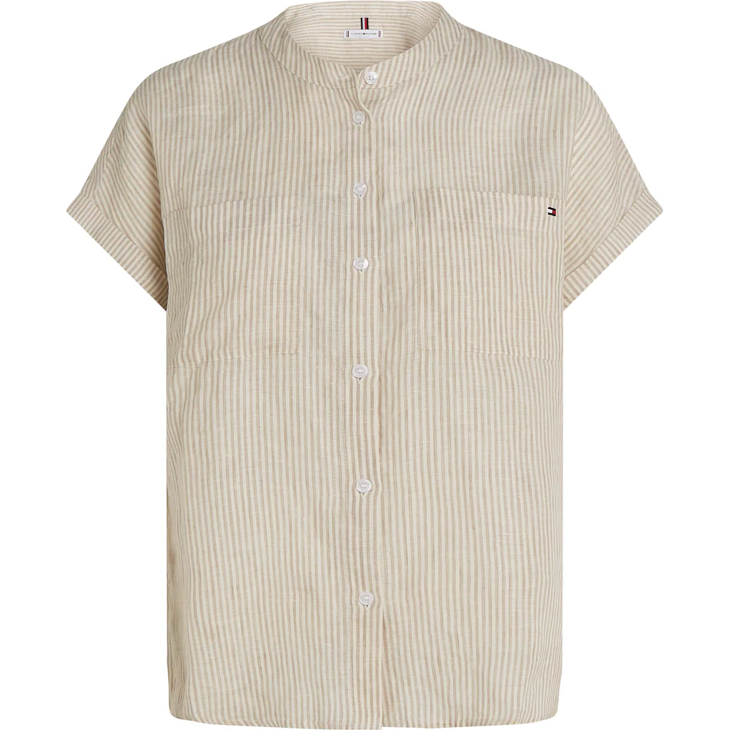 Tommy Hilfiger Kurzarmbluse »ESS LINEN COLLARLESS S/S BLOUSE« Mit Logostickerei Kühlendes Premium Leinen