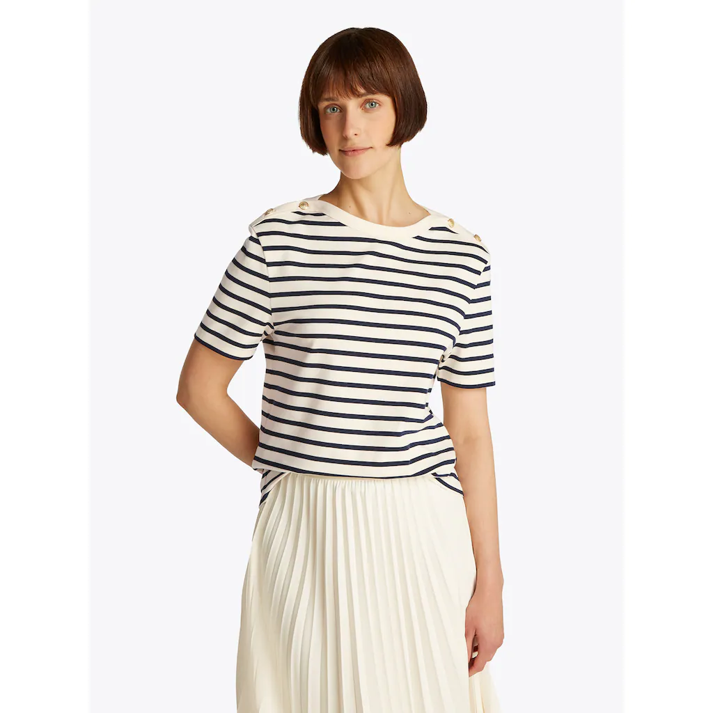 Tommy Hilfiger Rundhalsshirt »REG STRIPE GOLD BTN C-NK SS« mit goldfarbenem Knopf