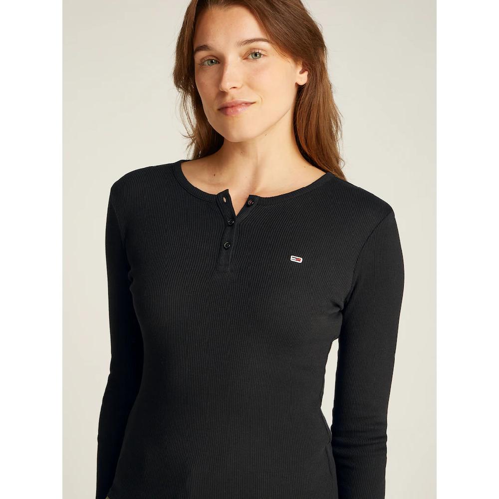 Tommy Jeans Curve Langarmshirt »TJW SLIM BUTTON RIB« In Großen Größen Rippoptik Mit Loogstickerei