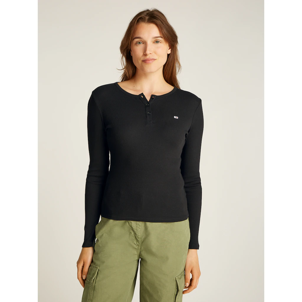 Tommy Jeans Curve Langarmshirt »TJW SLIM BUTTON RIB« in Großen Größen Rippoptik mit Loogstickerei