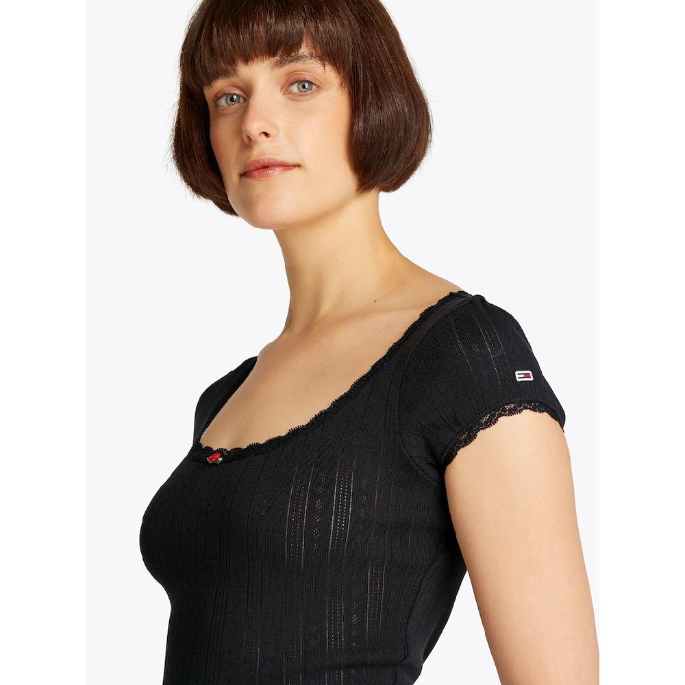 Tommy Jeans T-Shirt »TJW SLIM SH POINTELLE SS TEE EXT« Mit Spitze Mit Lochmuster