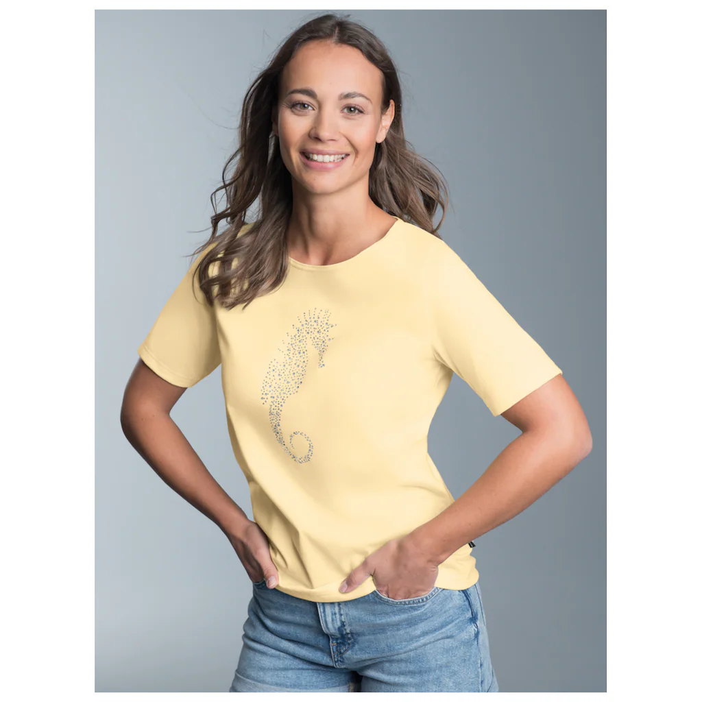 Trigema T-Shirt »TRIGEMA T-Shirt mit Seepferdchen-Print aus Strasssteinchen« (1 tlg.)