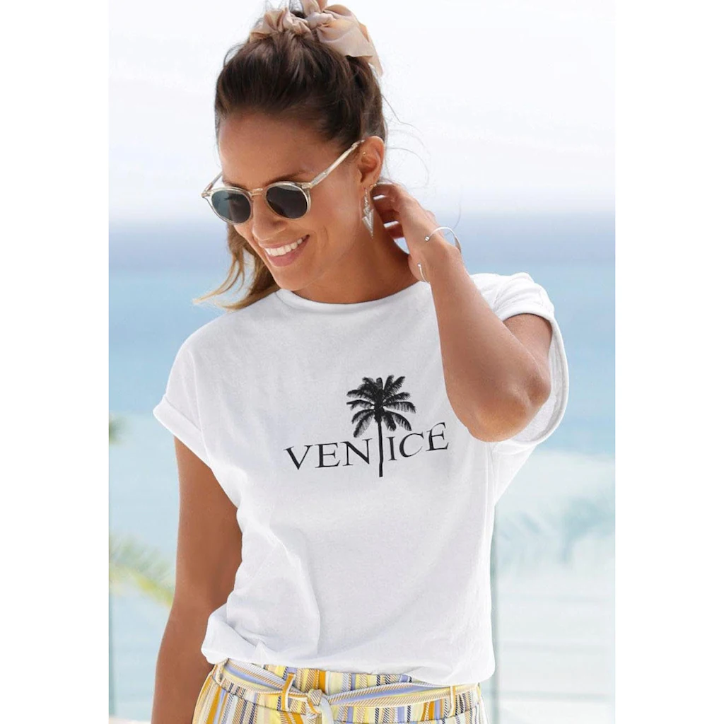 Venice Beach Rundhalsshirt mit Frontdruck T-shirt aus Baumwolle Kurzarmshirt Basic