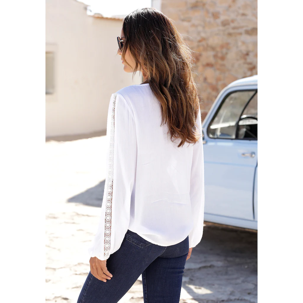 Vivance Crinklebluse Mit Spitzeneinsätzen Sommerliche Damenbluse Langarmbluse
