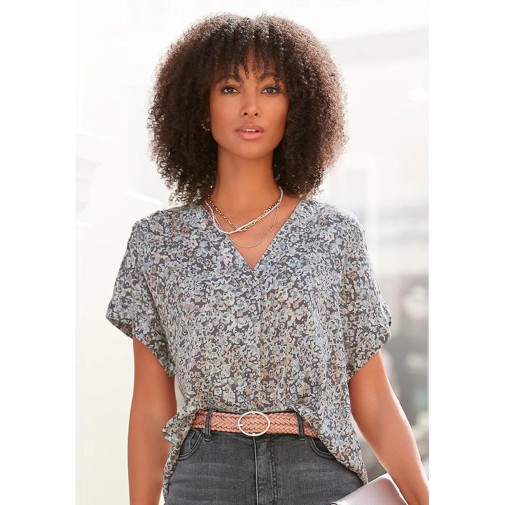 Vivance Kurzarmbluse mit Blümchendruck und V-Ausschnitt Blusenshirt Damenbluse