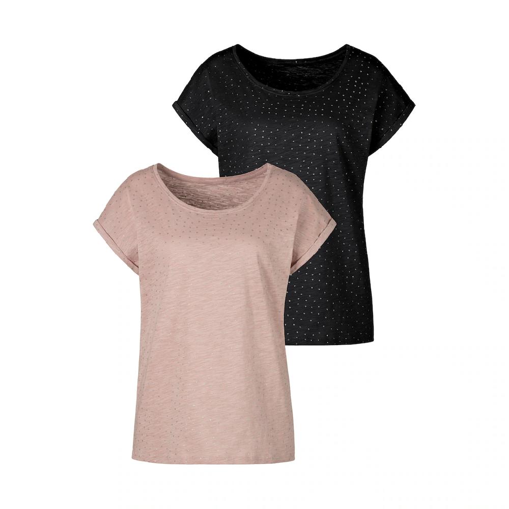 Vivance Kurzarmshirt »mit silbrigen Glitzerpünktchen« (2er-Pack) aus weicher Baumwoll-Qualität
