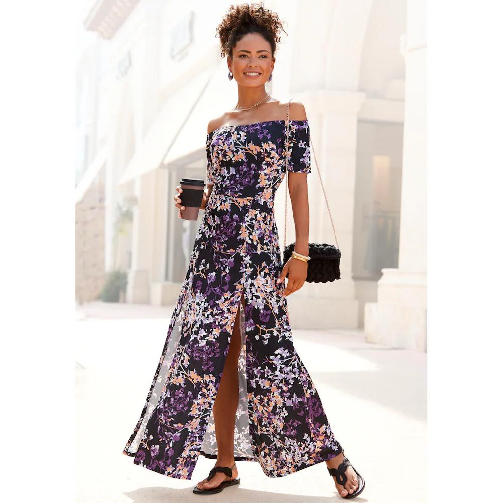 Vivance Maxikleid mit langen Beinschlitzen und Carmenausschnitt Sommerkleid