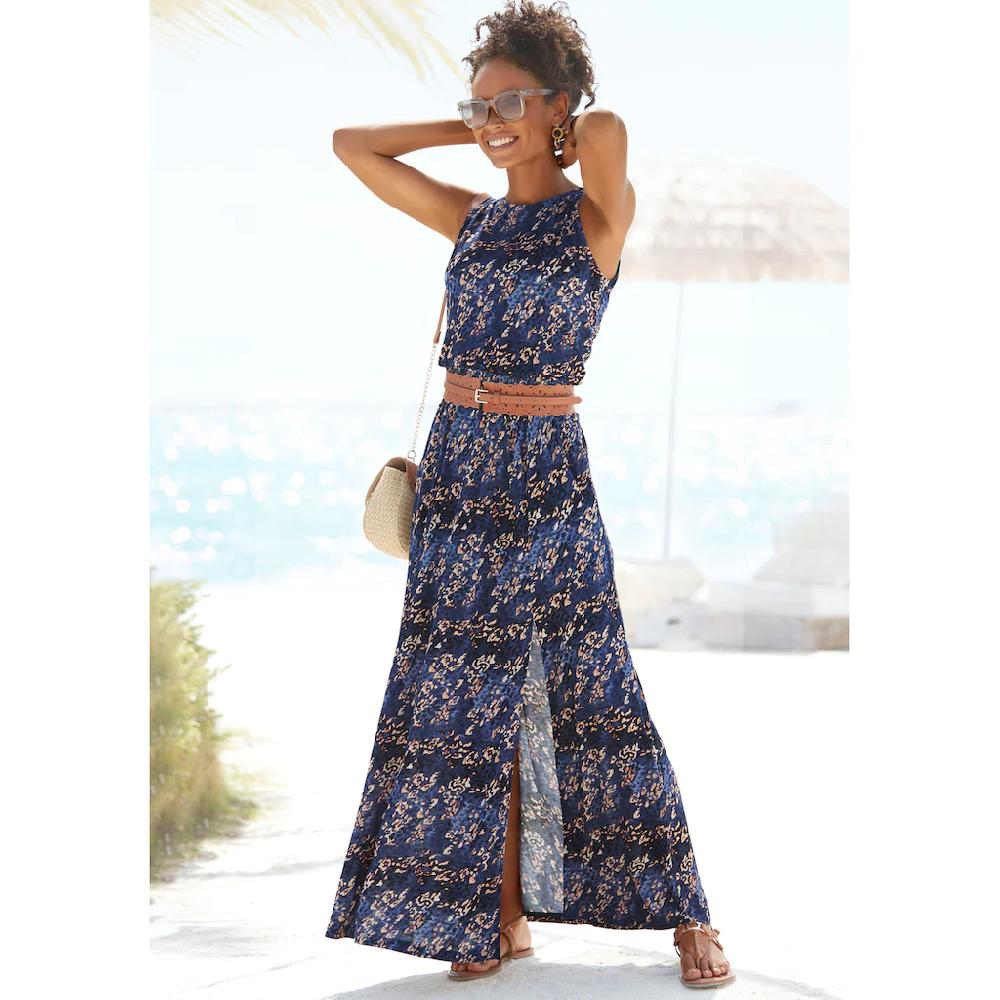 Vivance Maxikleid mit Seitennahttaschen und Schlitz lockeres Sommerkleid Strandkleid