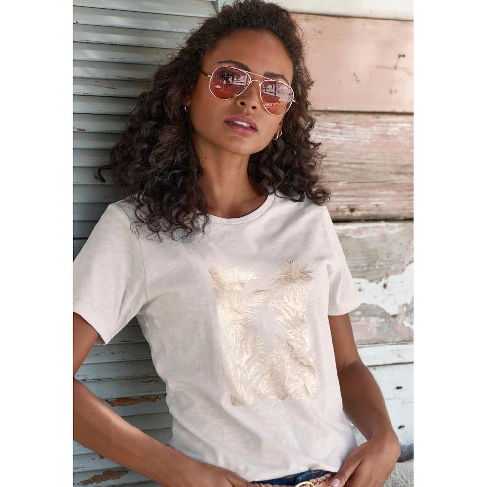 Vivance T-Shirt »mit Goldfarben Schimmerndem Folienprint« (2er-Pack) Aus Weicher Baumwoll-Qualität