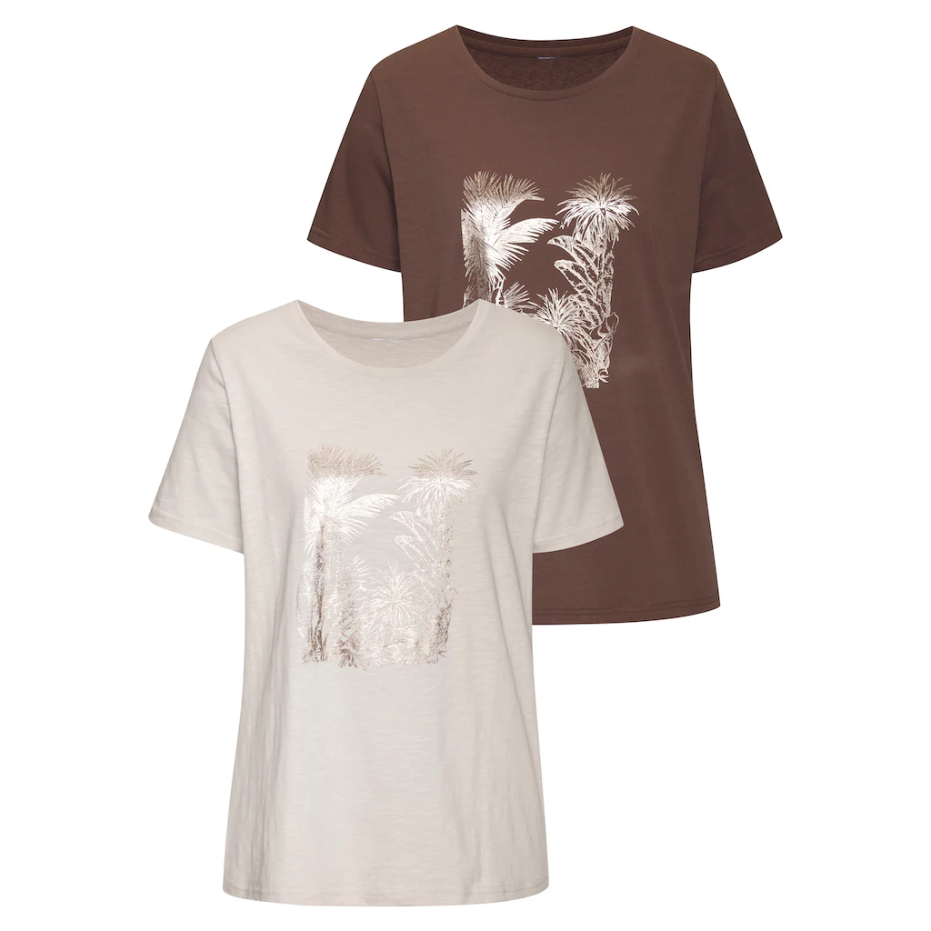 Vivance T-Shirt »mit goldfarben schimmerndem Folienprint« (2er-Pack) aus weicher Baumwoll-Qualität