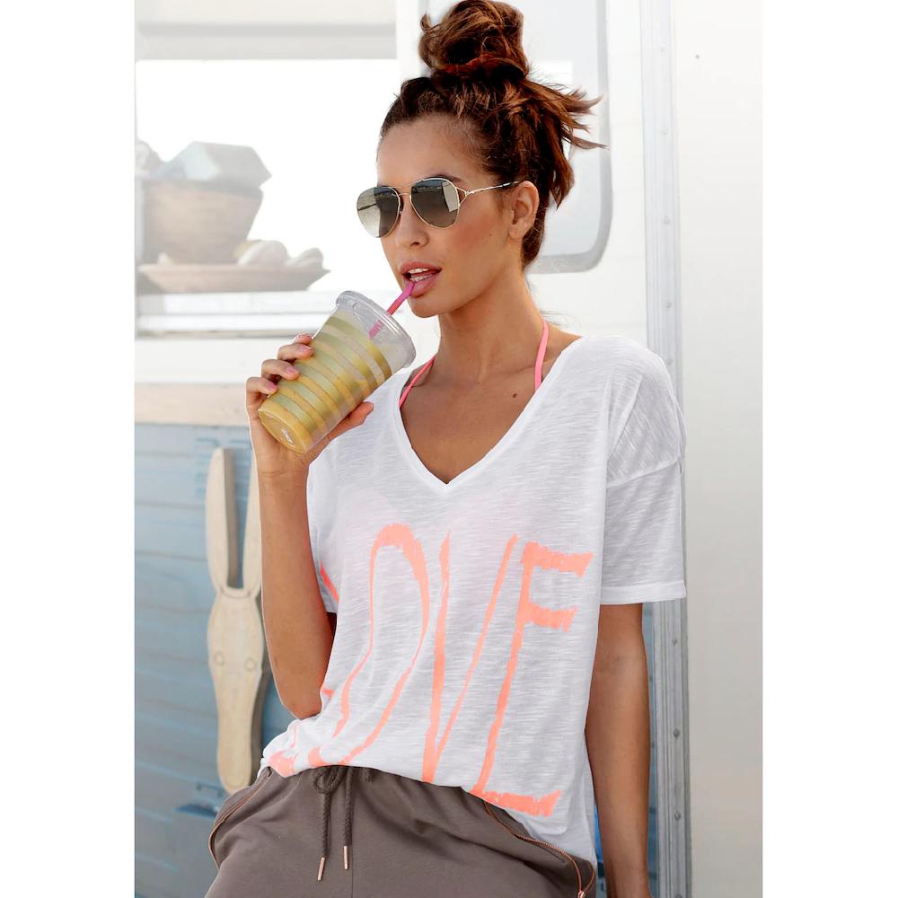 Vivance V-Shirt mit Neonprint T-Shirt Strandshirt in lockerer Passform