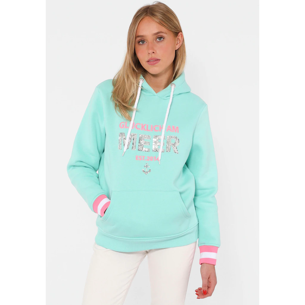 Zwillingsherz Hoodie »"Glücklich am Meer"« mit Pailletten Kapuze und kontrastfarbigen Bündchen