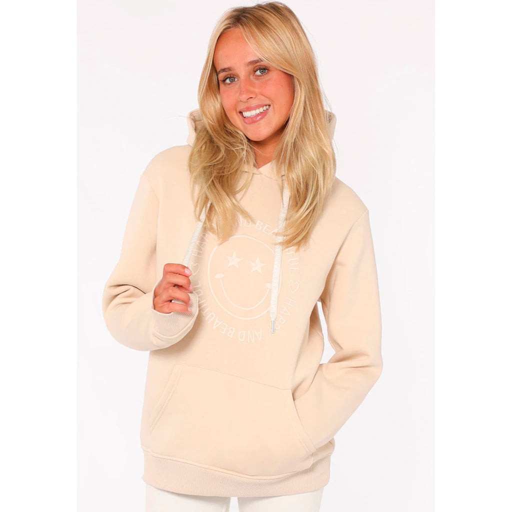 Zwillingsherz Hoodie »Happy and Beautiful« mit gleichfarbiger Smiley-Stickerei und Bindebänder mit Schriftzug