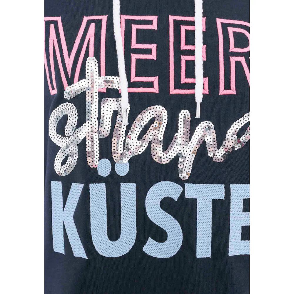 Zwillingsherz Hoodie »Meer Strand Küste« Mit Kapuze Pailletten-Schriftzug Und Aufgesticktem Anker-Motiv