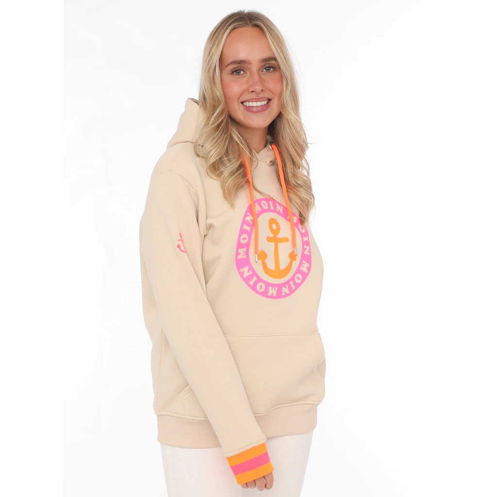 Zwillingsherz Hoodie mit Aufschrift Moin und Anker in Neonfarben