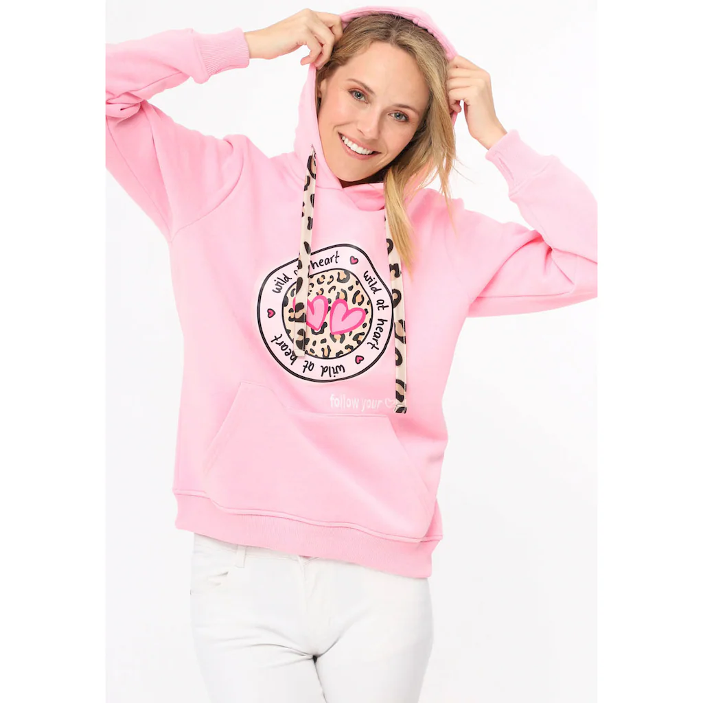 Zwillingsherz Hoodie mit "Wild at Heart"-Aufdruck und Bindebänder in Leo-Optik