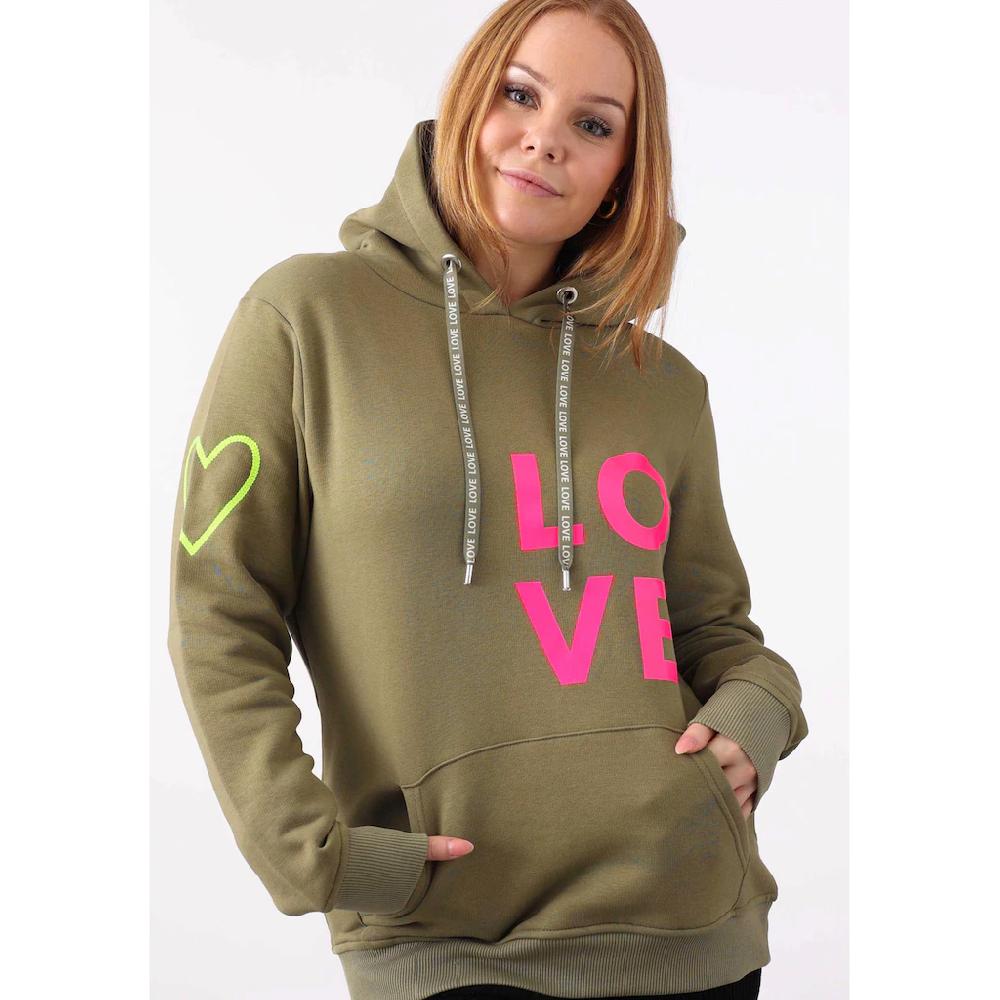 Zwillingsherz Kapuzensweatshirt mit gesticktem Neon Herz am Ärmel und "Love" Schriftzug auf Kordel