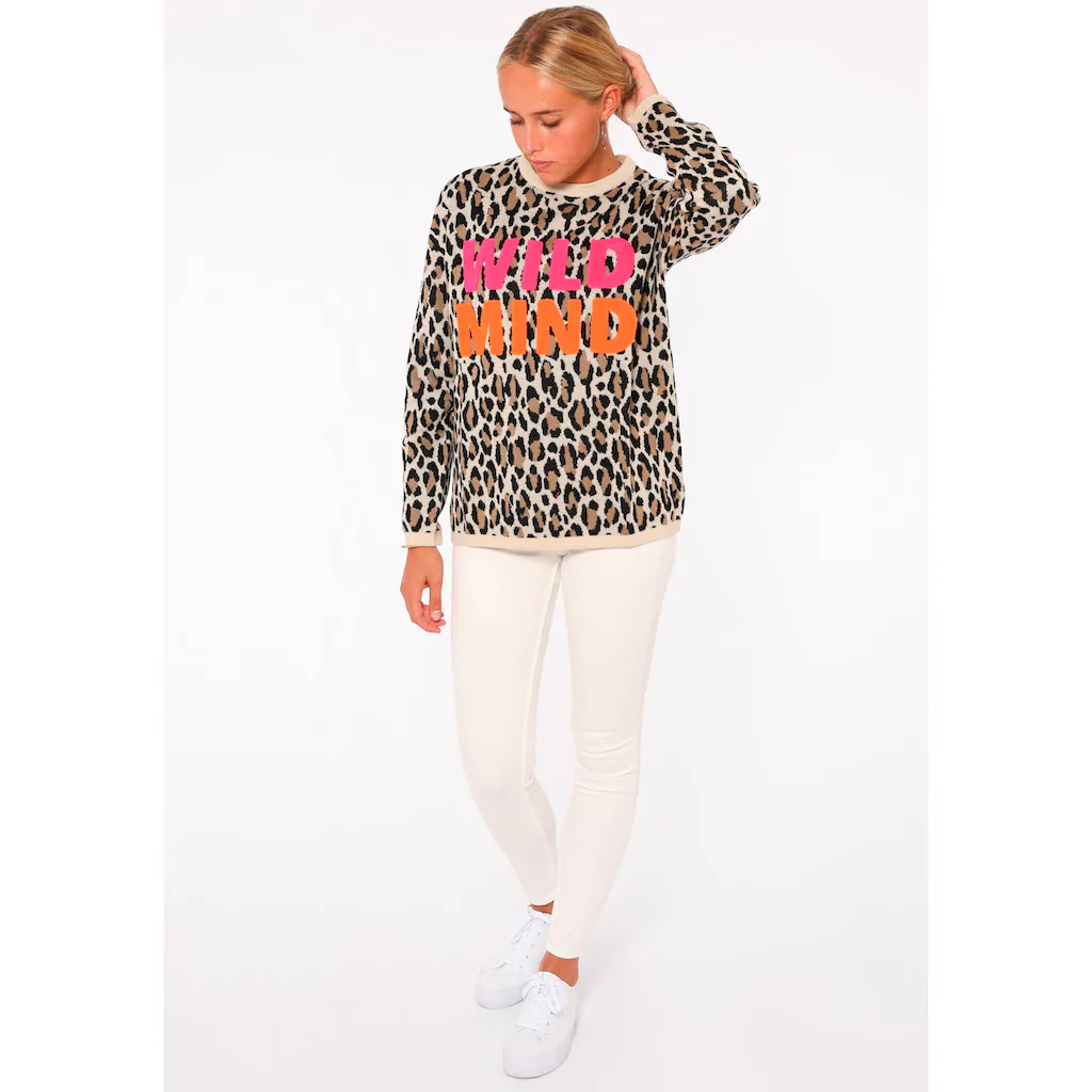 Zwillingsherz Rundhalspullover »"Leo-Wild Mind"« mit Flockprint-Schriftzug in Neon
