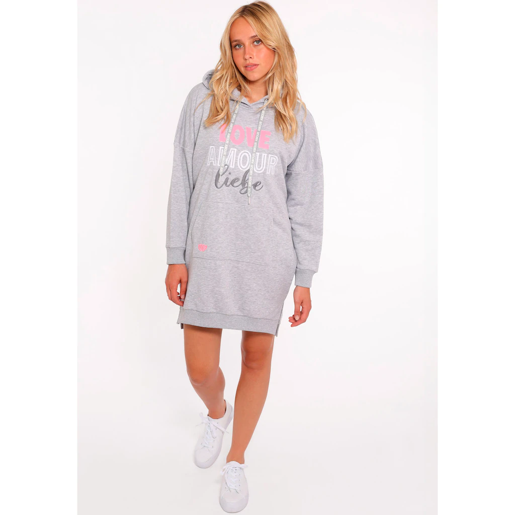 Zwillingsherz Sweatkleid »"Love Amour Liebe"« mit praktischen Fronttaschen und bedruckter Kordel