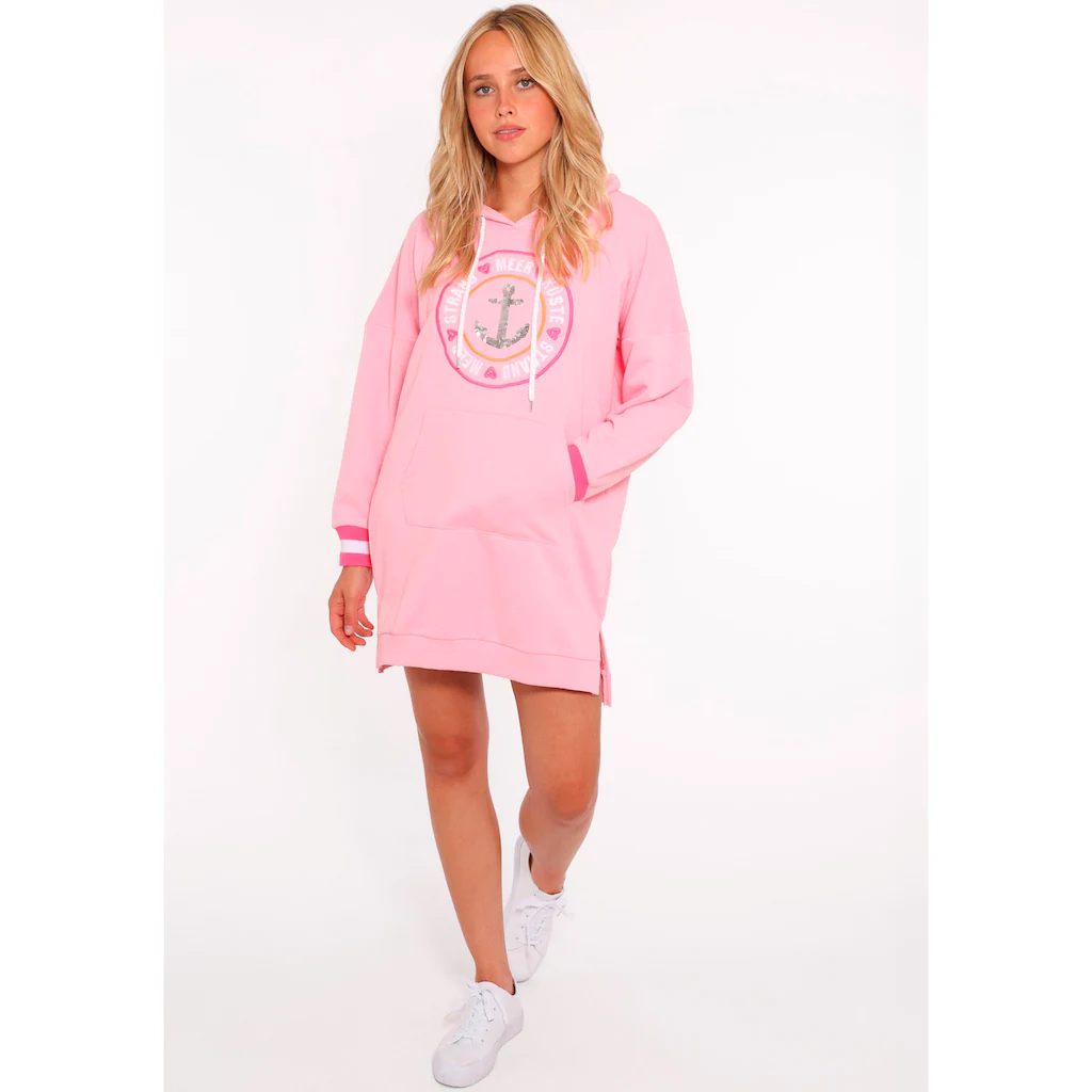 Zwillingsherz Sweatkleid »"Zuhause am Strand"« mit Kapuze Taschen Front und Backmotiv und Bündchen mit Neonstreifen