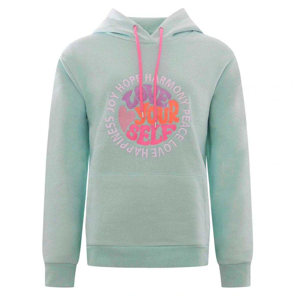 Zwillingsherz Sweatshirt in Pastell mit neonfarbener "Love Yourself" Stickerei & pinker Kordel