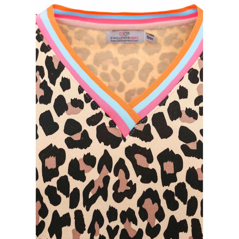 Zwillingsherz Sweatshirt »"Leo Allover Neon Kante"« Mit Trendiger Leo-Optik Vokuhila-Schnitt Und Neonfarbenen Details