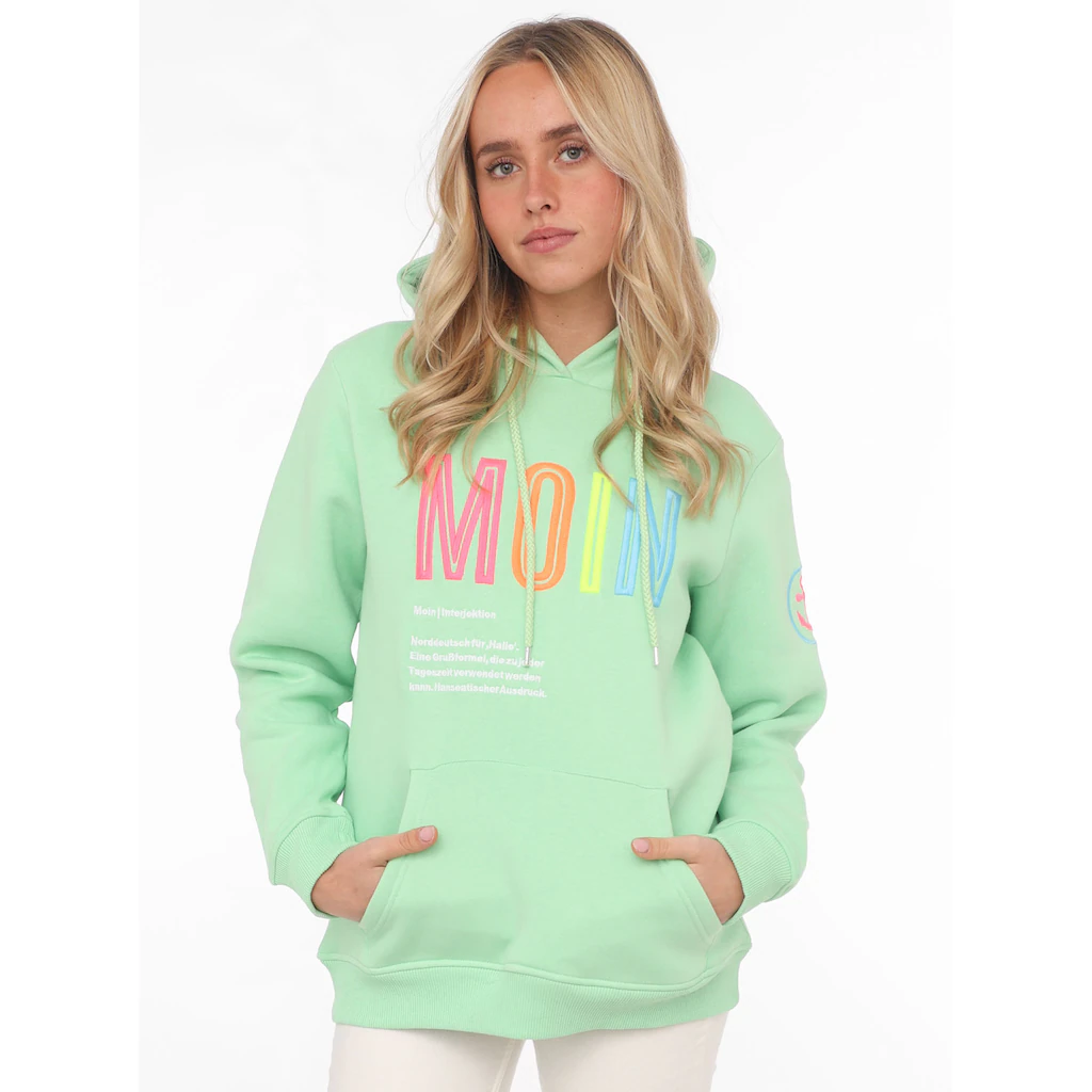 Zwillingsherz Sweatshirt mit aufgesticktem „Moin“-Schriftzug in Neonfarben