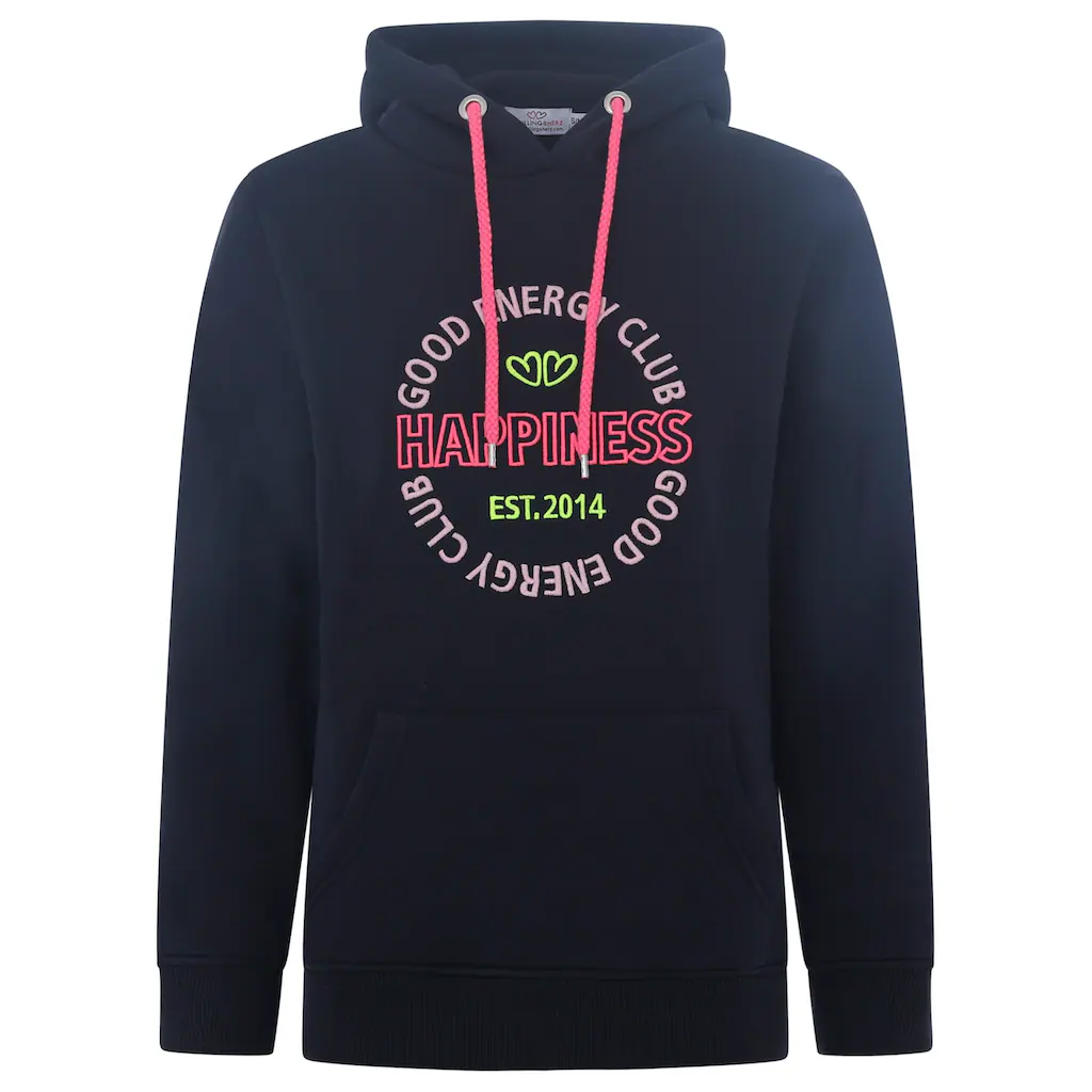 Zwillingsherz Sweatshirt mit neonfarbenem Aufstick und Schriftzug am Rücken