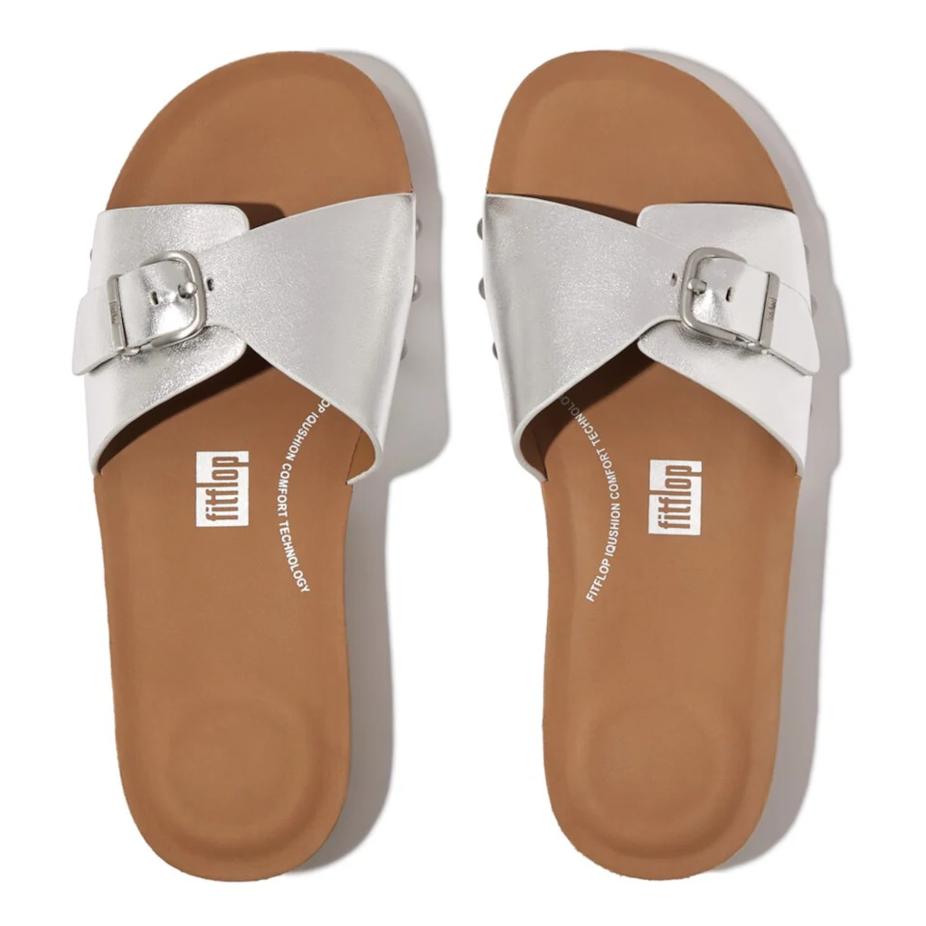 Fitflop Pantolette »IQUSHION ADJUSTABLE BUCKLE METALLIC-LEATHER SLIDES« Keilabsatz Sommerschuh Schlappen Mit Verstellbarer Bandage Online Bestellen