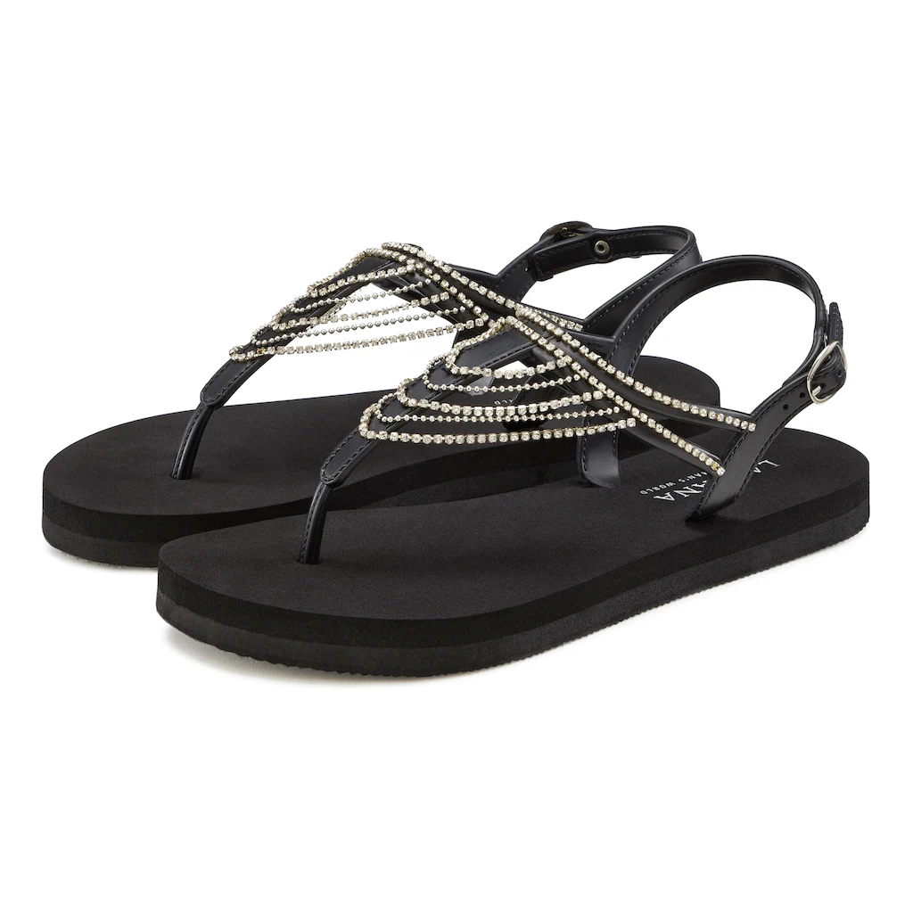 LASCANA Badesandale Sandale Badeschuh Sommerschuh Zehentrenner Mit Strass-Kette VEGAN