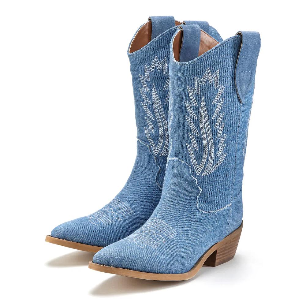 LASCANA Cowboy Boots Cowboy Stiefelette Western Stiefelette Ankleboots Im Denim-Look ▷ Für