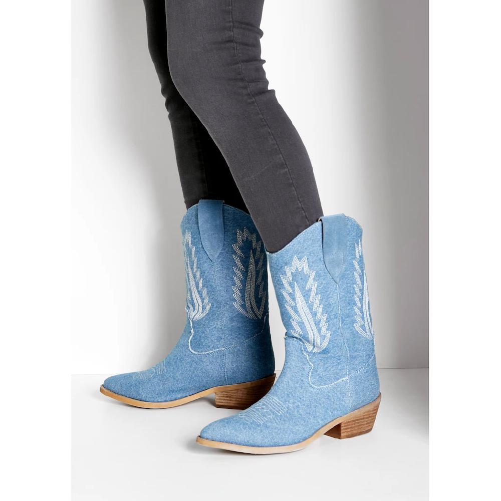 LASCANA Cowboy Boots Cowboy Stiefelette Western Stiefelette Ankleboots Im Denim-Look ▷ Für