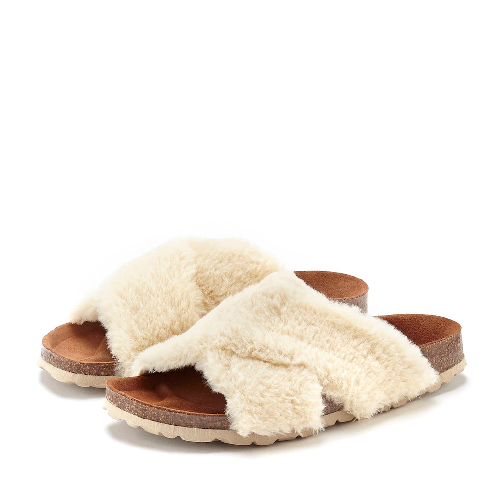 (LASCANA Pantolette »Hausschuh Mule Sandale Offener Schuh « Mit Korkfußbett Und Fellimitat
