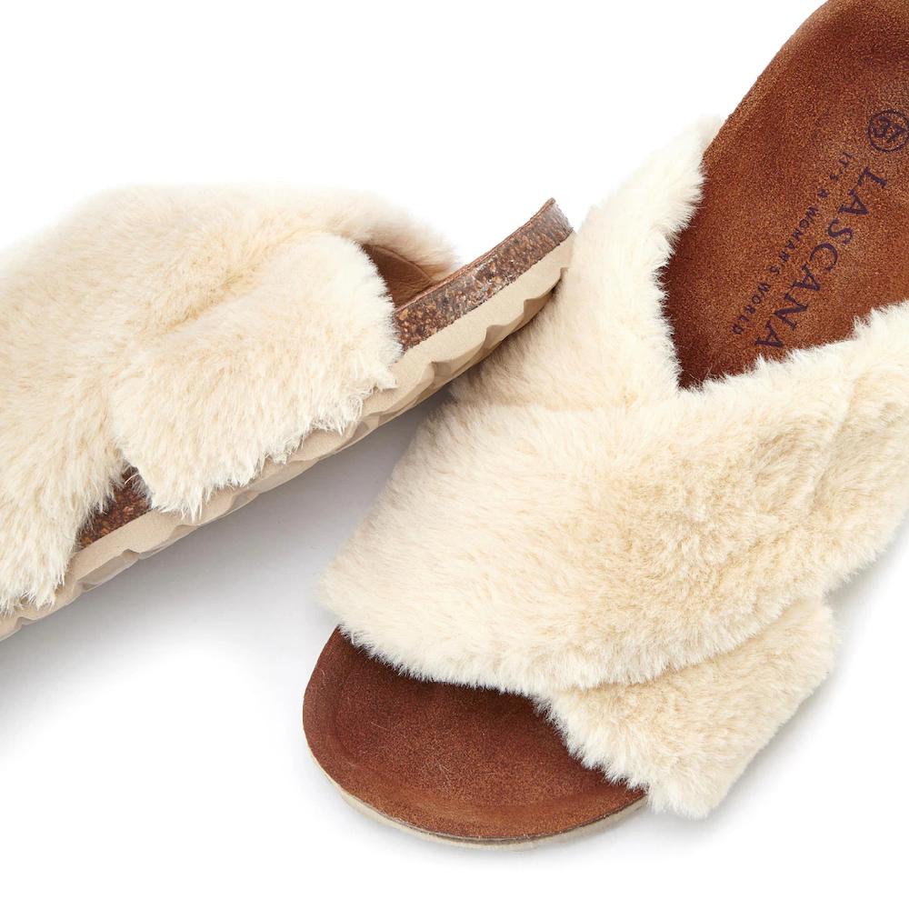 (LASCANA Pantolette »Hausschuh Mule Sandale Offener Schuh « Mit Korkfußbett Und Fellimitat
