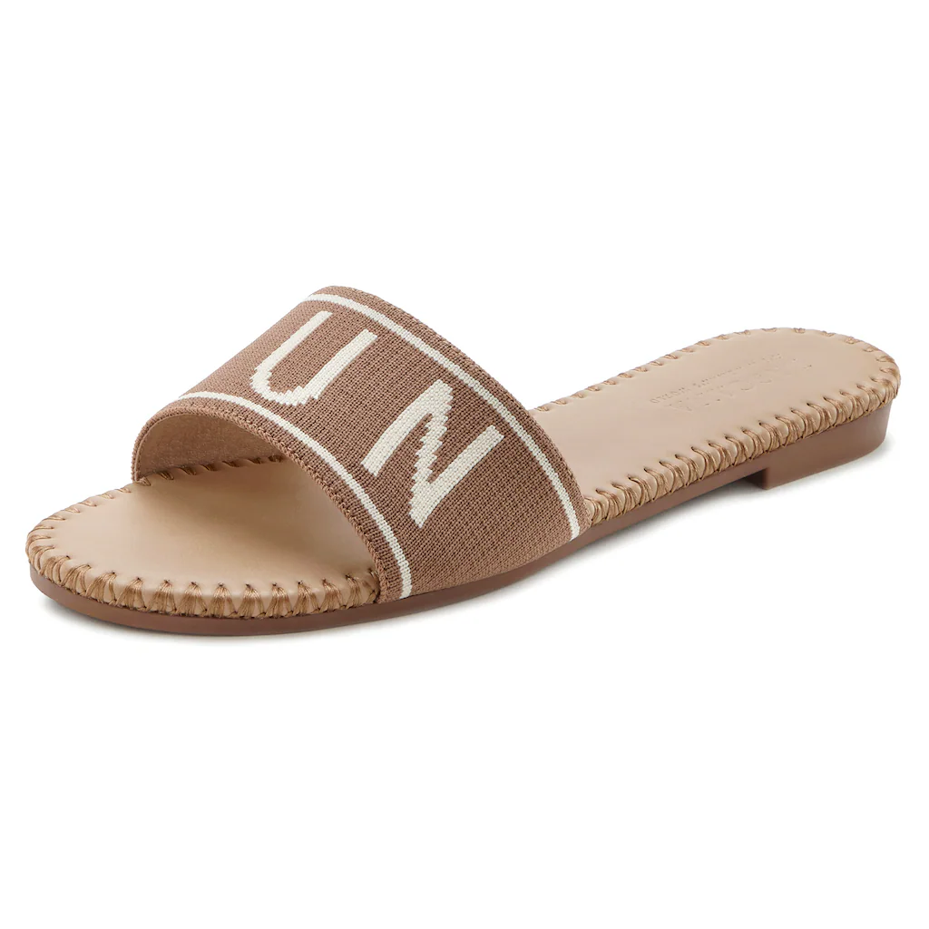 LASCANA Pantolette Mule Sandale Offener Schuh Aus Textil Mit Modischem Schriftzug VEGAN