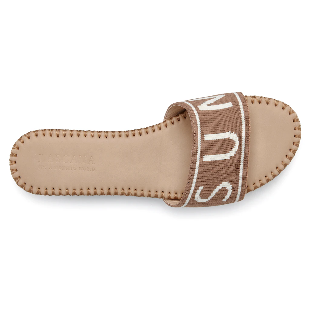 LASCANA Pantolette Mule Sandale Offener Schuh Aus Textil Mit Modischem Schriftzug VEGAN