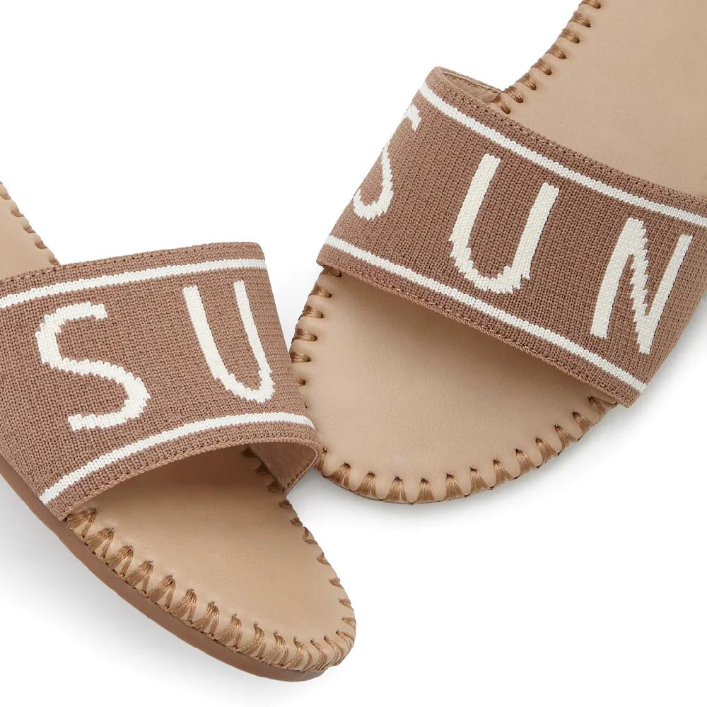 LASCANA Pantolette Mule Sandale Offener Schuh Aus Textil Mit Modischem Schriftzug VEGAN